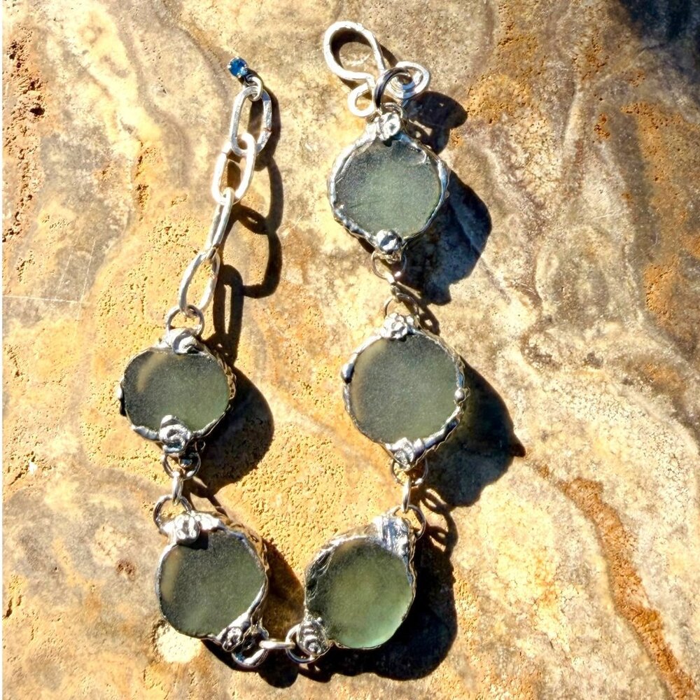 Sea Glass & Silver Blend Artisan Crafted Hammered Bracelet With Unique Findings - Picture 6 of 14